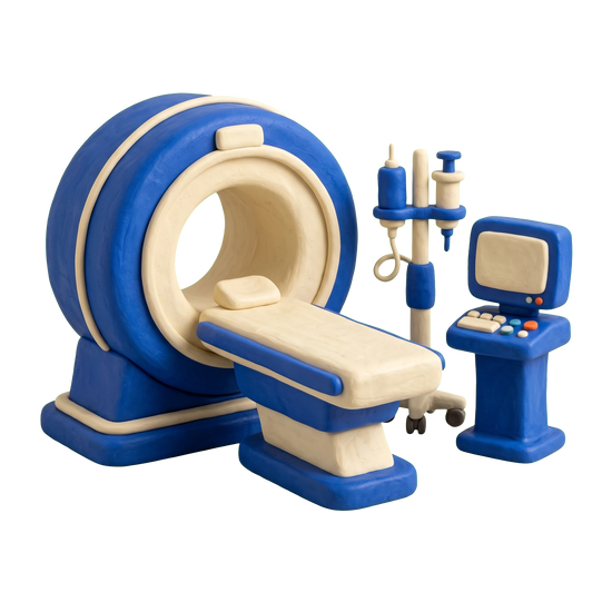 Medical diagnostic imaging center illustration in blue and ivory clay
