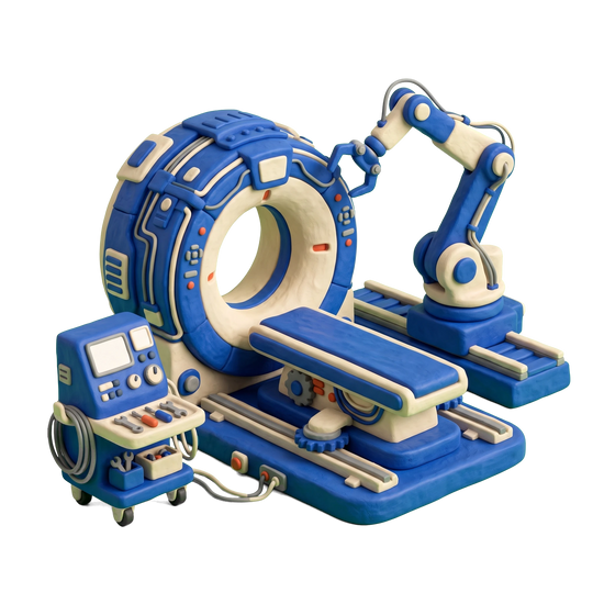 Medical equipment manufacturer illustration in blue and ivory clay