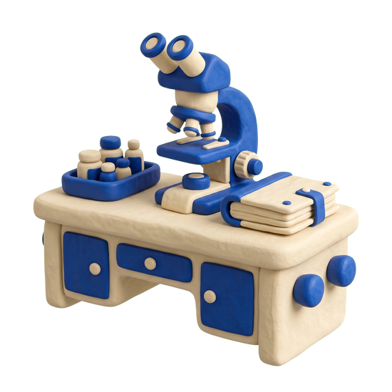 Medical examiner illustration in blue and ivory clay
