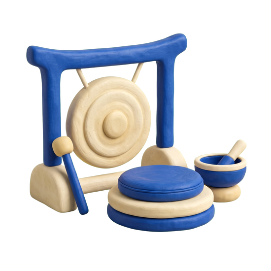 Meditation center illustration in blue and ivory clay