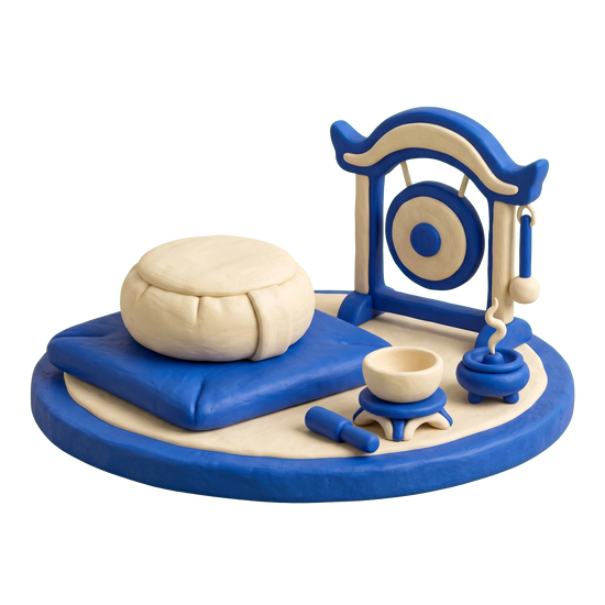 Meditation instructor illustration in blue and ivory clay