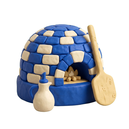 Mediterranean restaurant illustration in blue and ivory clay