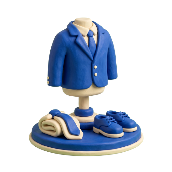 Men's clothing store illustration in blue and ivory clay