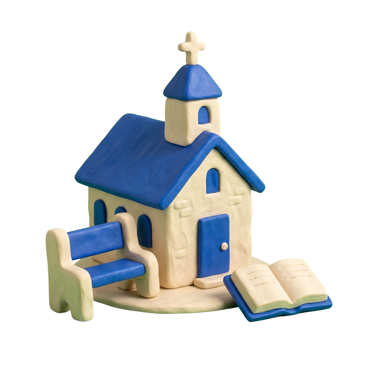 Mennonite church illustration in blue and ivory clay