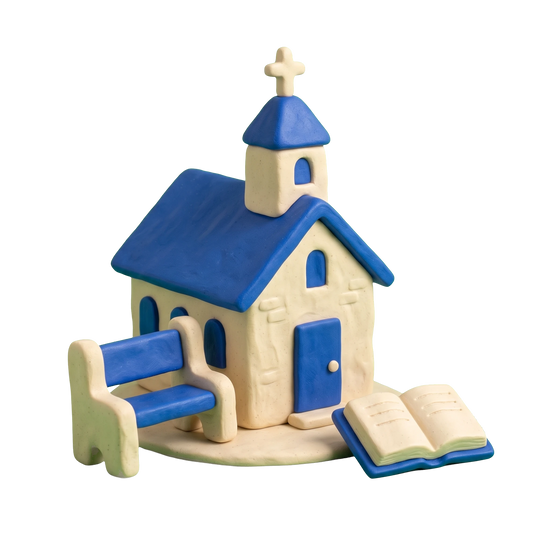 Mennonite church illustration in blue and ivory clay