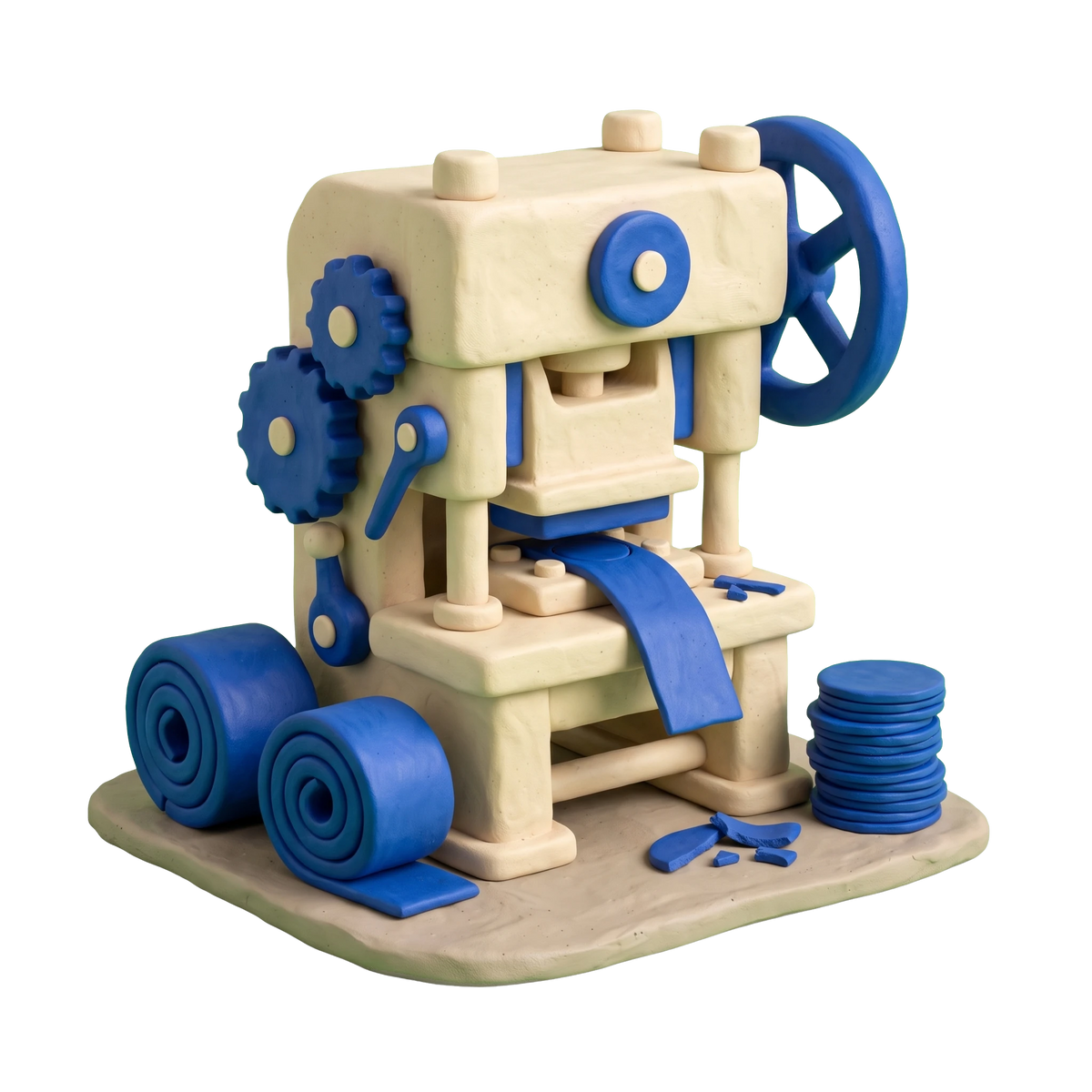 Metal stamping service illustration in blue and ivory clay