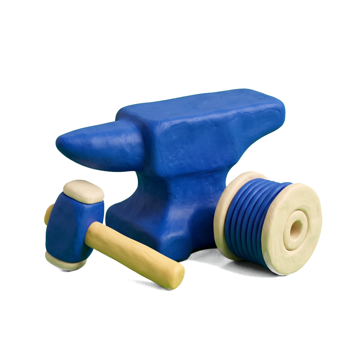 Metal workshop illustration in blue and ivory clay