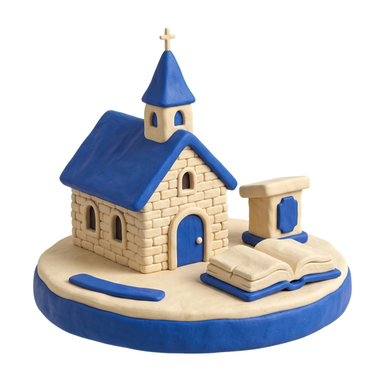 Methodist church illustration in blue and ivory clay