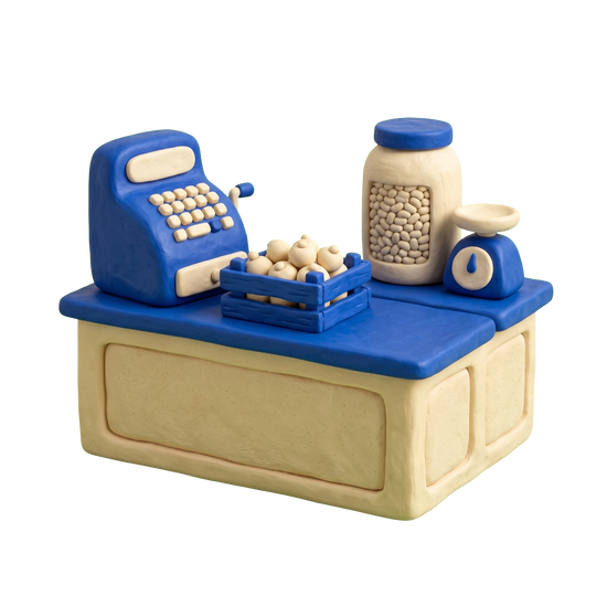 Mexican grocery store illustration in blue and ivory clay