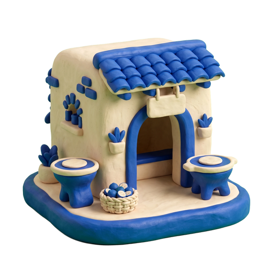 Mexican restaurant illustration in blue and ivory clay