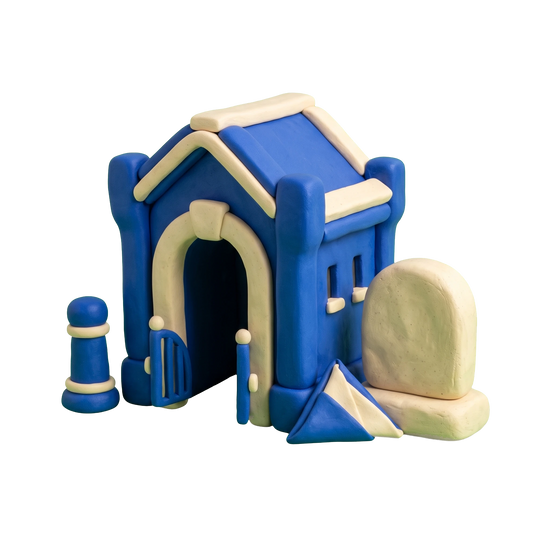Military cemetery illustration in blue and ivory clay