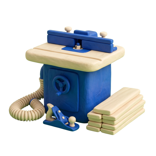 Millwork shop illustration in blue and ivory clay