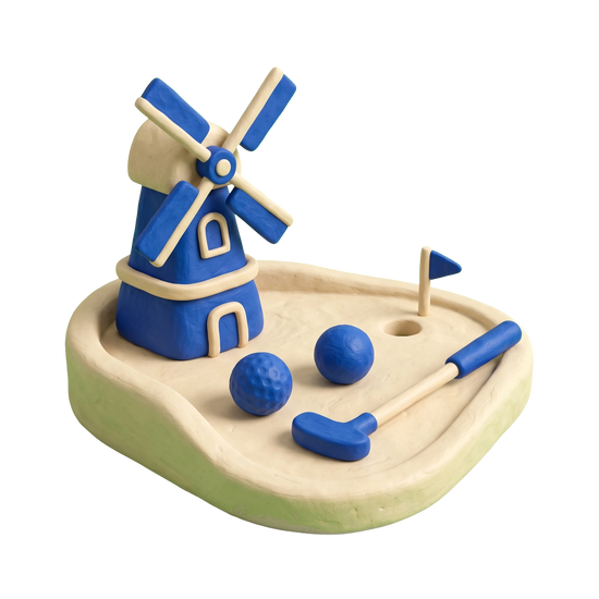 Miniature golf course illustration in blue and ivory clay