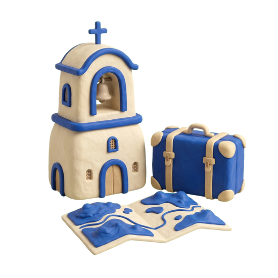 Mission illustration in blue and ivory clay