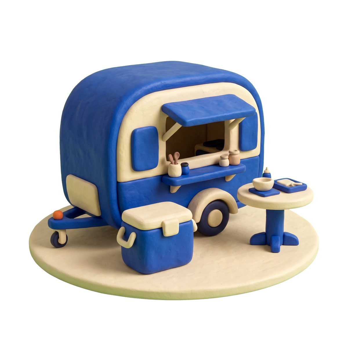 Mobile caterer illustration in blue and ivory clay
