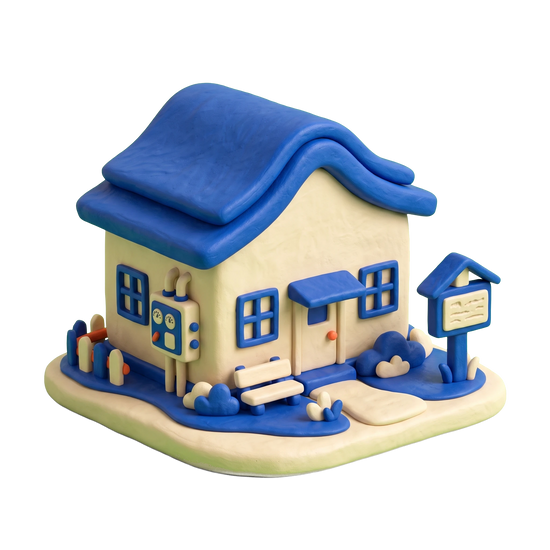 Mobile home park illustration in blue and ivory clay