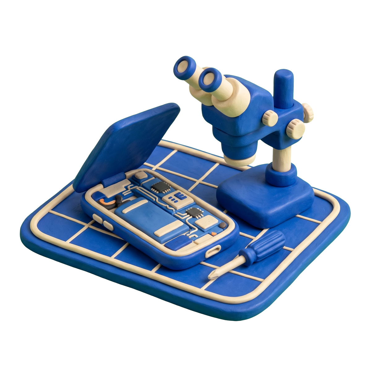 Mobile phone repair shop illustration in blue and ivory clay