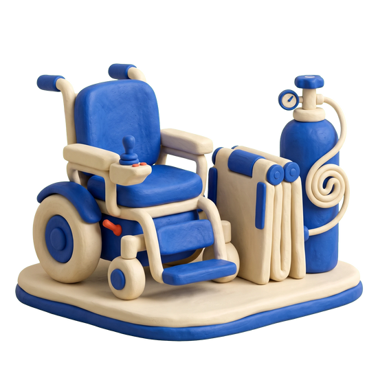 Mobility equipment supplier illustration in blue and ivory clay