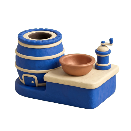 Modern Indian restaurant illustration in blue and ivory clay
