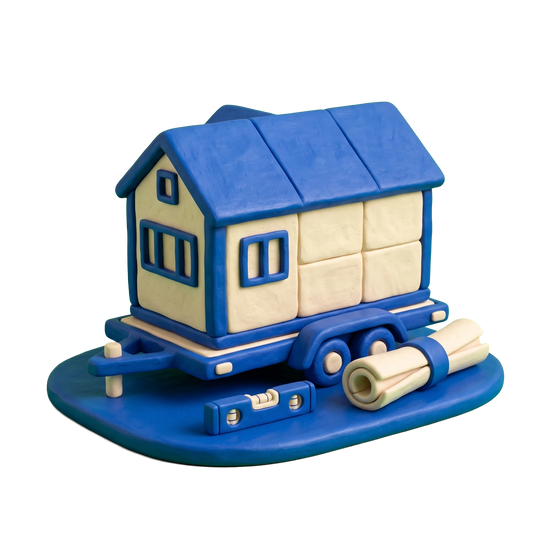 Modular home dealer illustration in blue and ivory clay