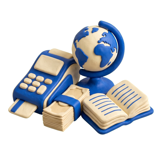 Money transfer service illustration in blue and ivory clay