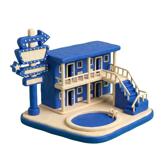 Motel illustration in blue and ivory clay
