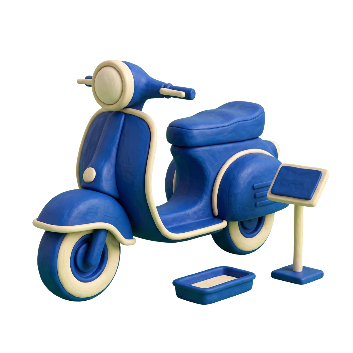 Motor scooter dealer illustration in blue and ivory clay