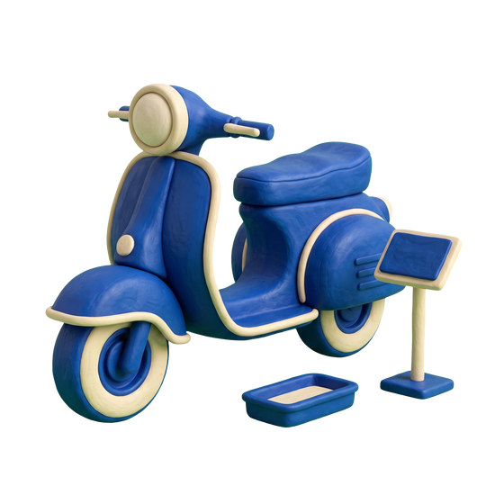 Motor scooter dealer illustration in blue and ivory clay