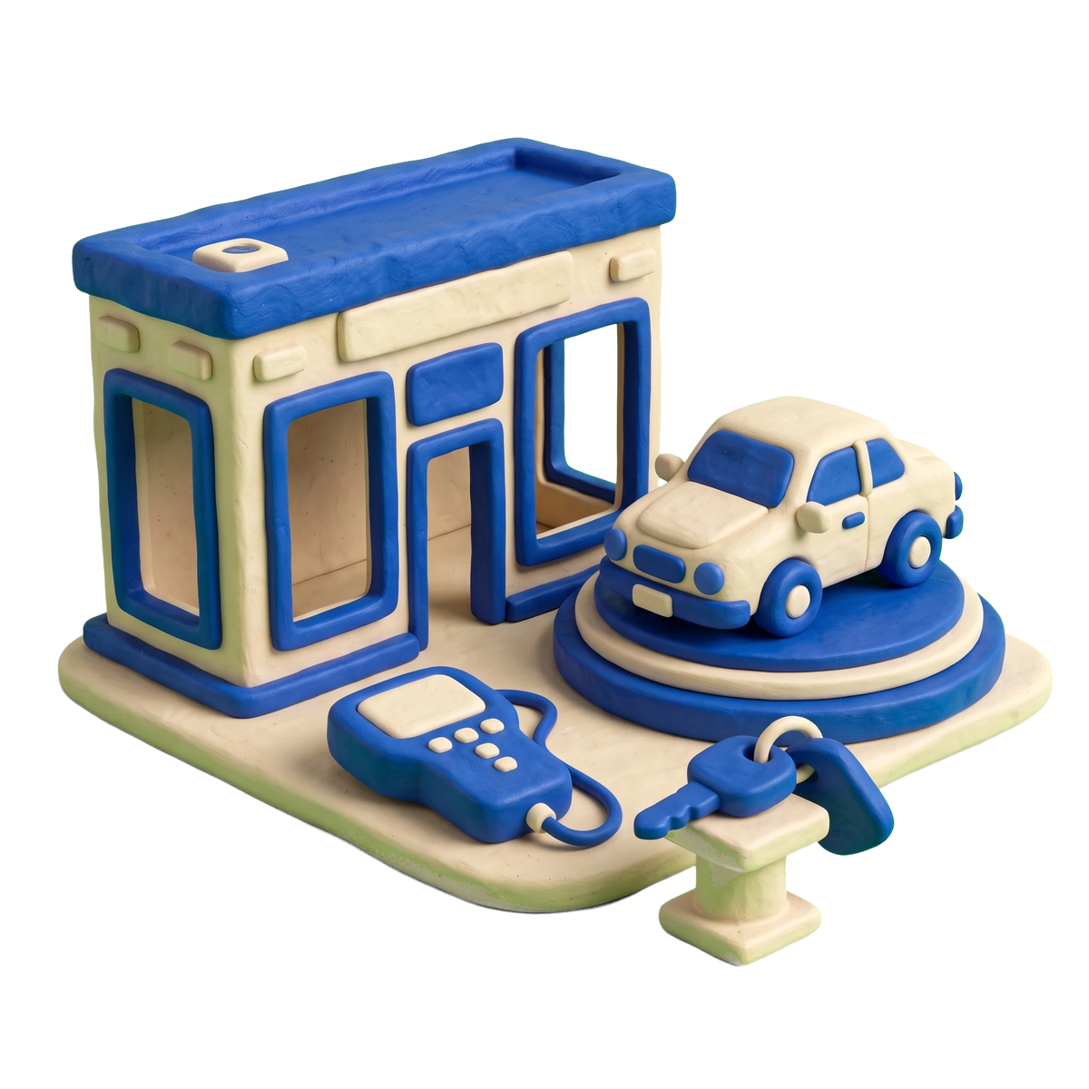 Motor vehicle dealer illustration in blue and ivory clay