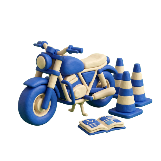 Motorcycle driving school illustration in blue and ivory clay