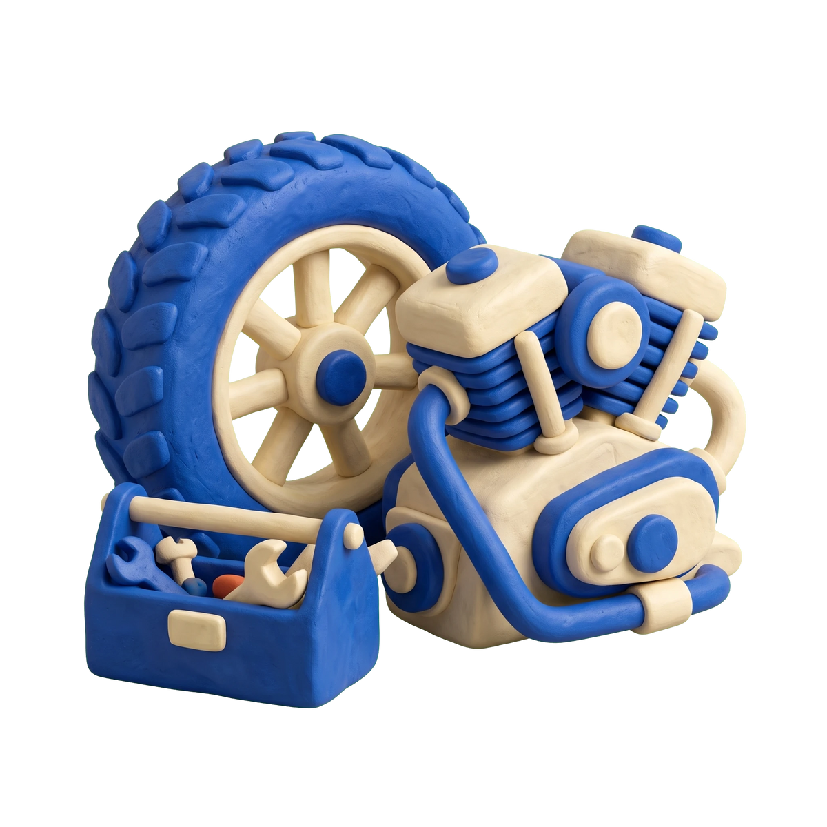 Motorcycle parts store illustration in blue and ivory clay