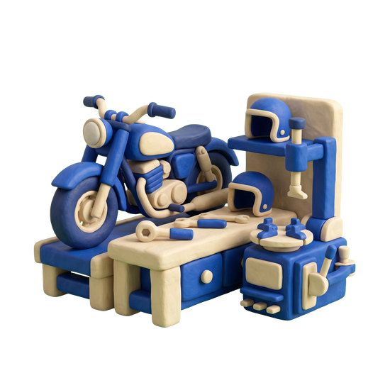 Motorcycle shop illustration in blue and ivory clay