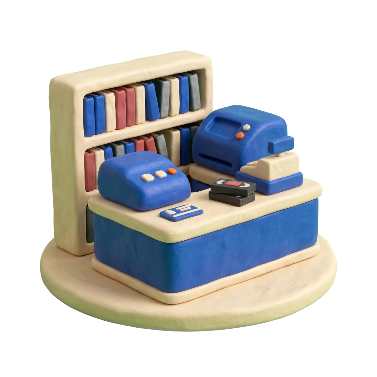 Movie rental store illustration in blue and ivory clay