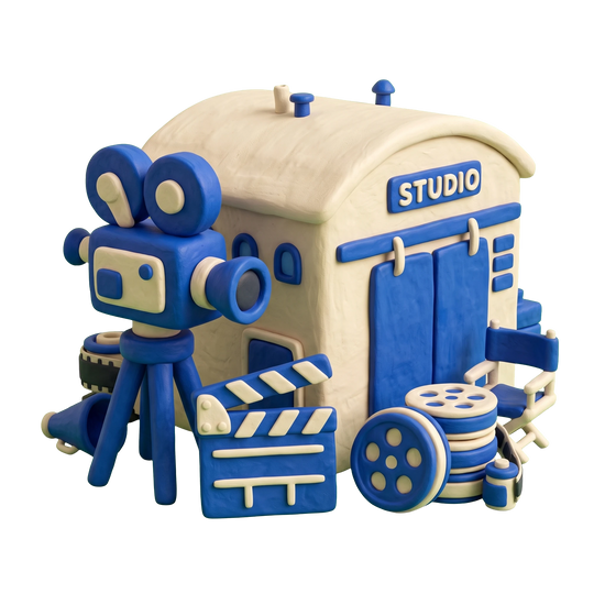 Movie studio illustration in blue and ivory clay