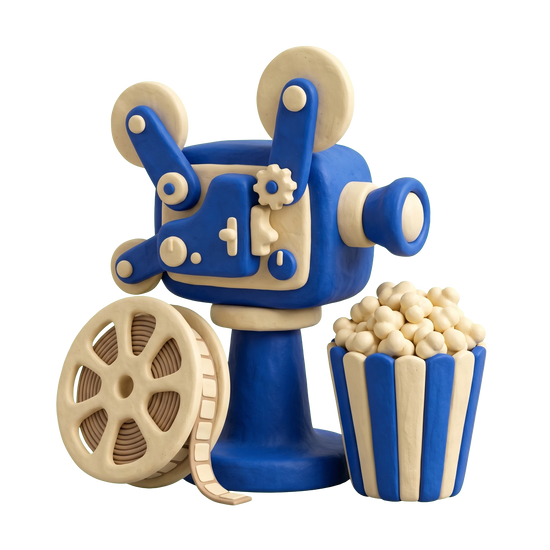 Movie theater illustration in blue and ivory clay