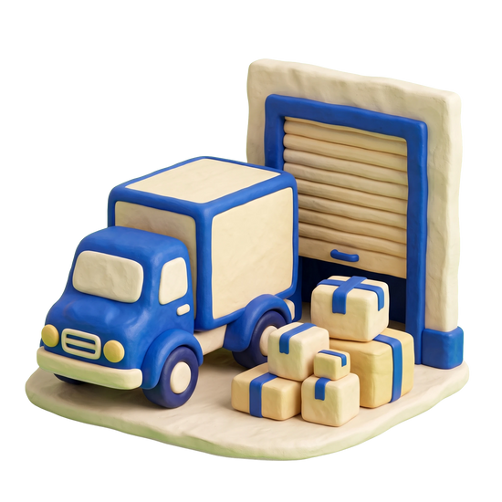 Moving and storage service illustration in blue and ivory clay