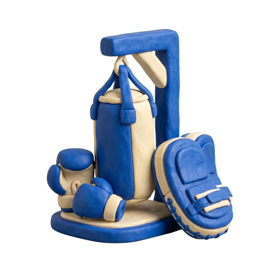 Muay Thai boxing gym illustration in blue and ivory clay