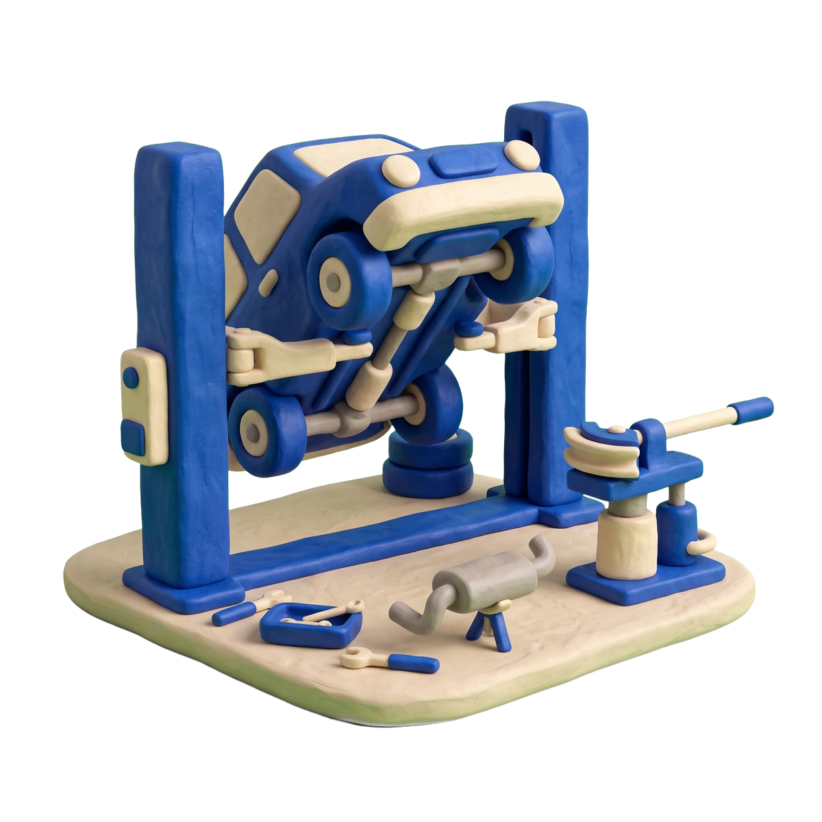 Muffler shop illustration in blue and ivory clay
