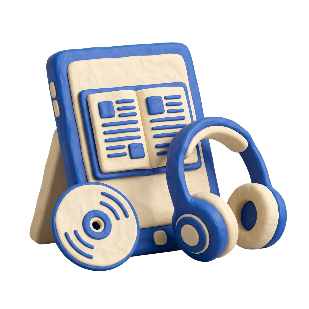 Multimedia and electronic book publisher illustration in blue and ivory clay