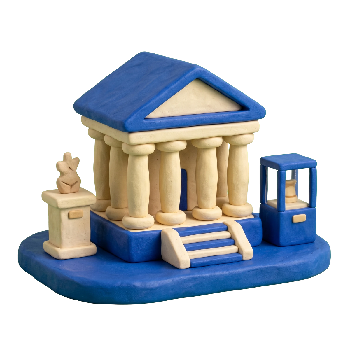 Museum illustration in blue and ivory clay