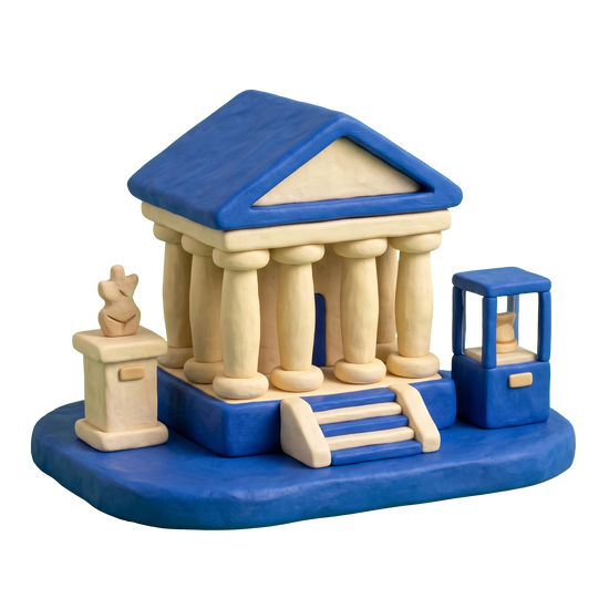 Museum illustration in blue and ivory clay