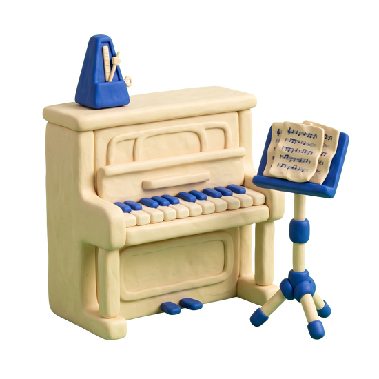 Music instructor illustration in blue and ivory clay