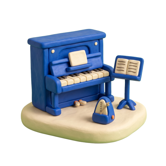 Music school illustration in blue and ivory clay
