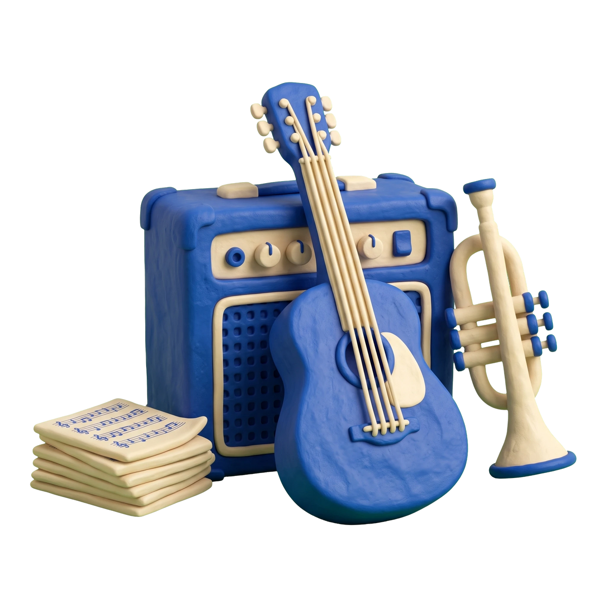 Music store illustration in blue and ivory clay