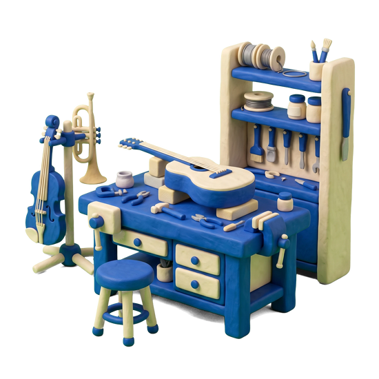 Musical instrument repair shop illustration in blue and ivory clay
