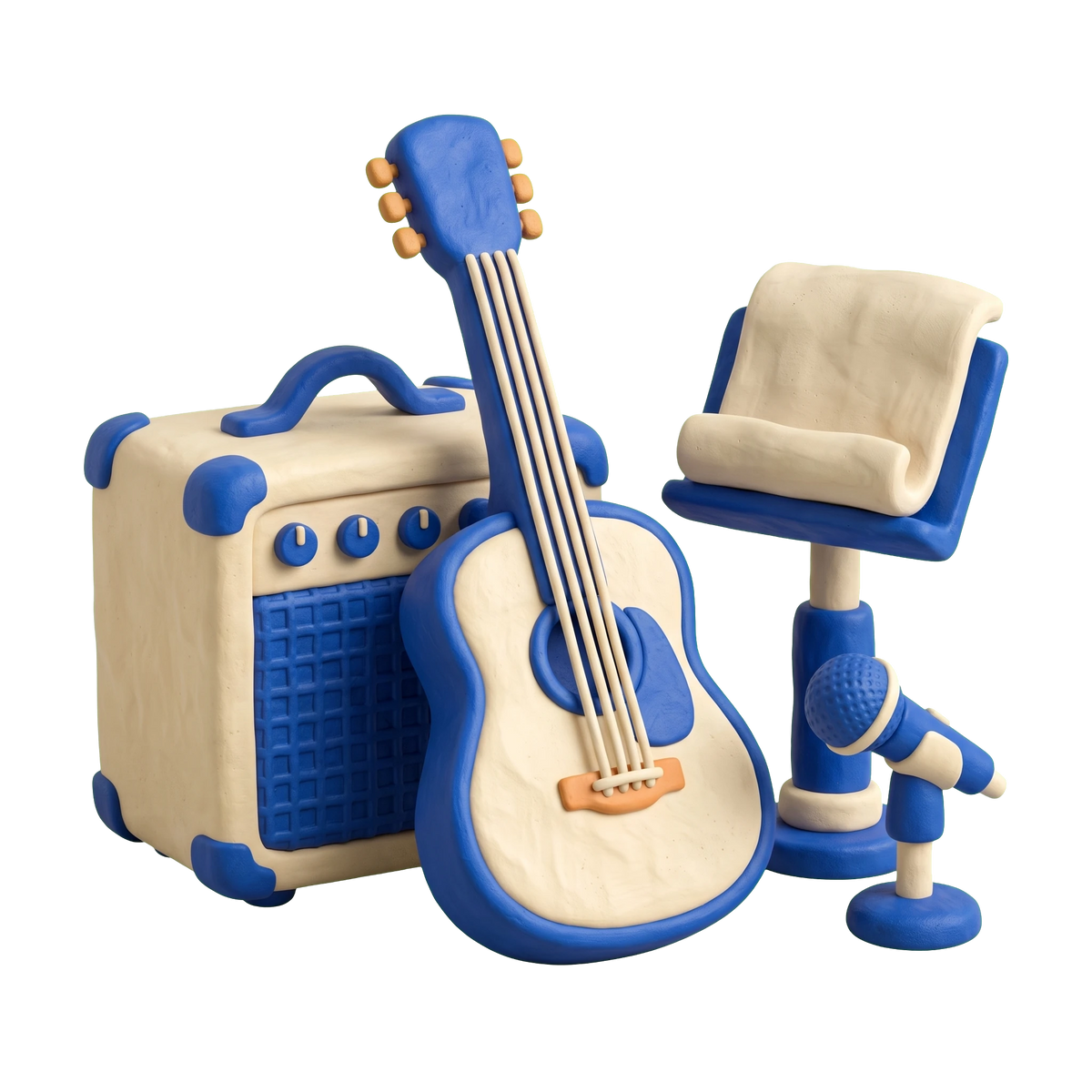Musical instrument store illustration in blue and ivory clay