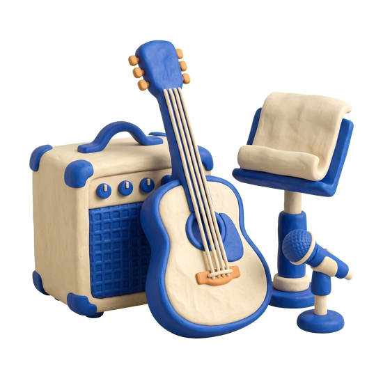 Musical instrument store illustration in blue and ivory clay