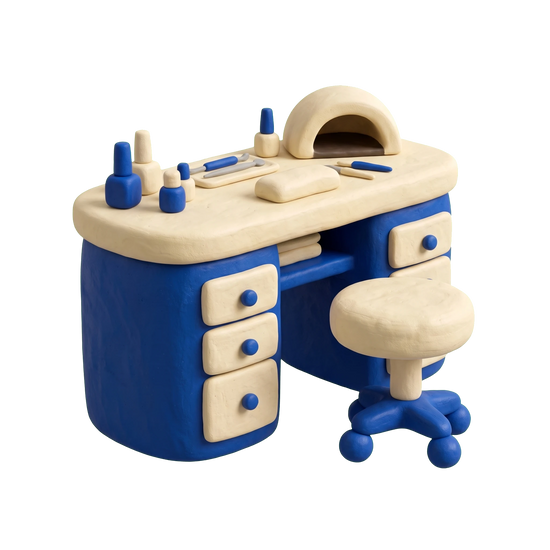 Nail salon illustration in blue and ivory clay