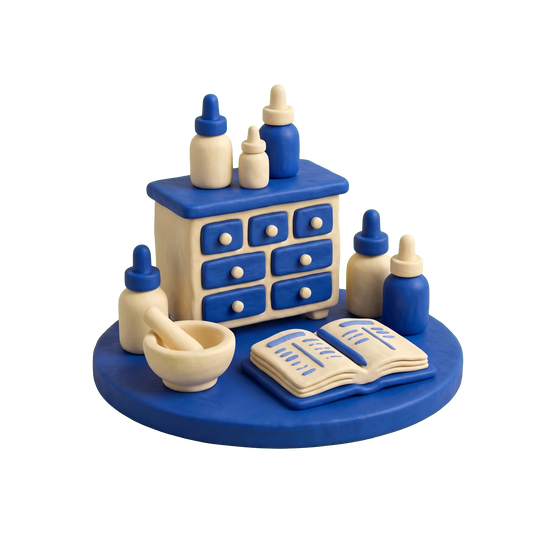 Naturopathic practitioner illustration in blue and ivory clay