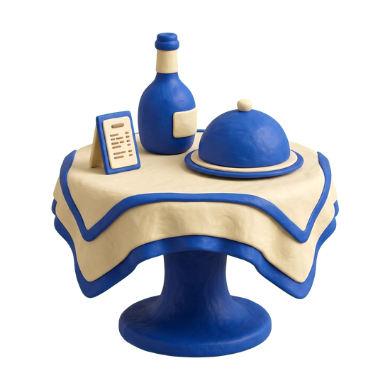 New American restaurant illustration in blue and ivory clay